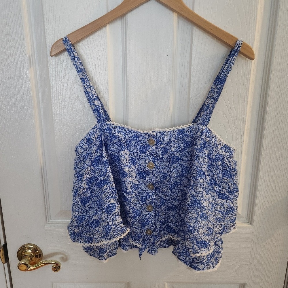 Free People Blue White Floral Button Down Crochet Trim Crop Cami Top Sm Cottage